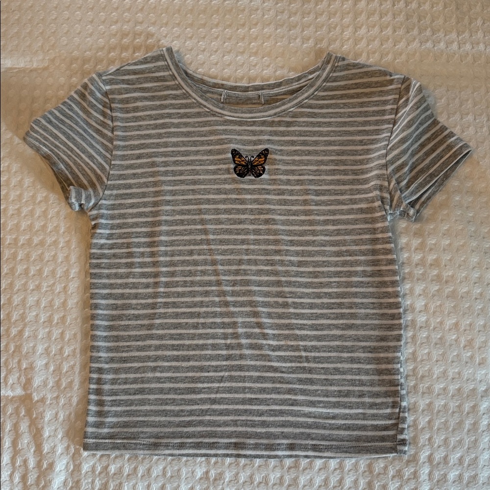 Striped Gray T-Shirt with Butterfly Patch